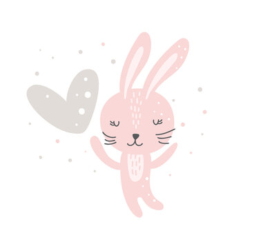 Cute valentine doodle hand drawn pink bunny girl with heart illustration. Sweet rabbit character holding a heart. Cartoon character baby vector logo for web design isolated on white background
