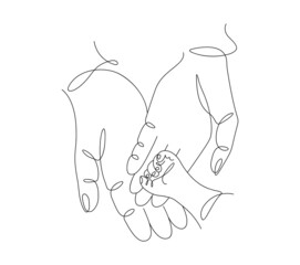 One continuous single drawing line art flat doodle people hands, mom love dad and baby, mother father. Isolated image hand drawn contour on white background. The concept of family happiness