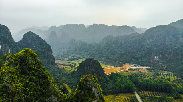 Aerial drone view of limestone mountains scenery in Cat Ba Island, Haiphong, Vietnam.