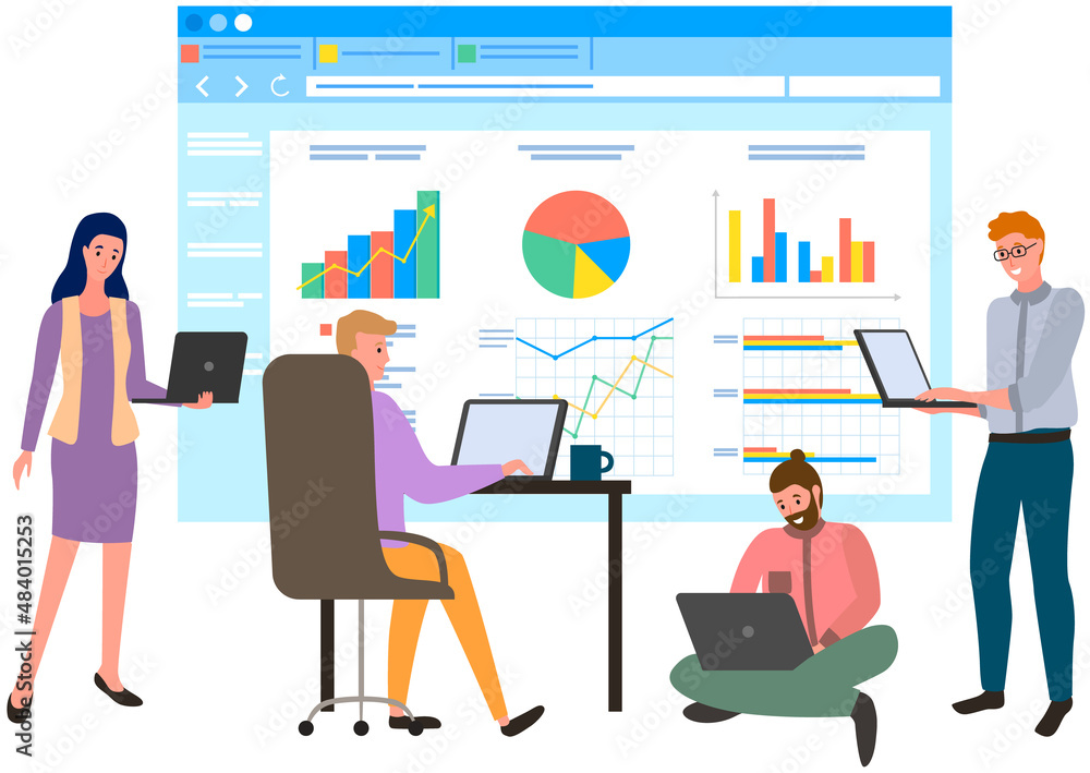 Poster visualize with business analytics. people work with statistical data analysis, changing indicators. 