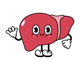 Cute funny liver waving hand character. Vector hand drawn traditional cartoon vintage, retro, kawaii character illustration icon. Isolated on white background. Liver character concept