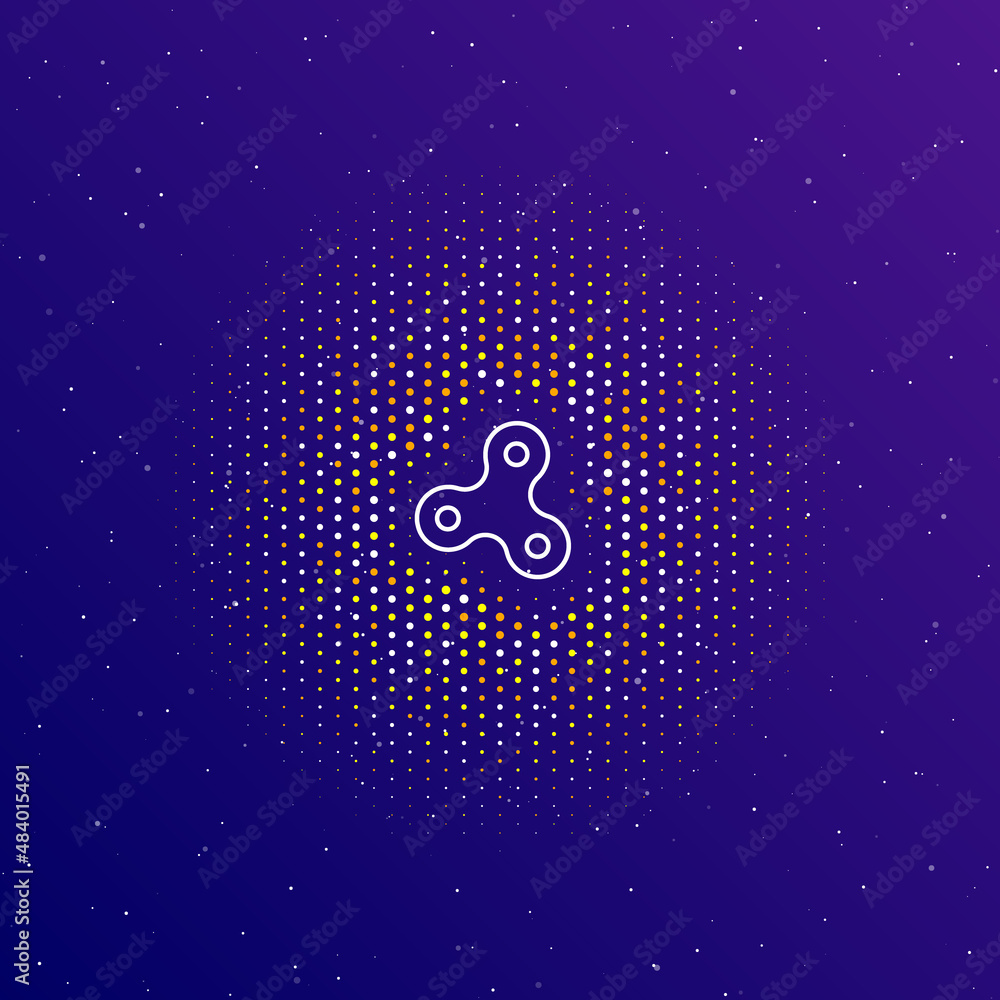 Poster a large white contour spinner symbol in the center, surrounded by small dots. dots of different colo