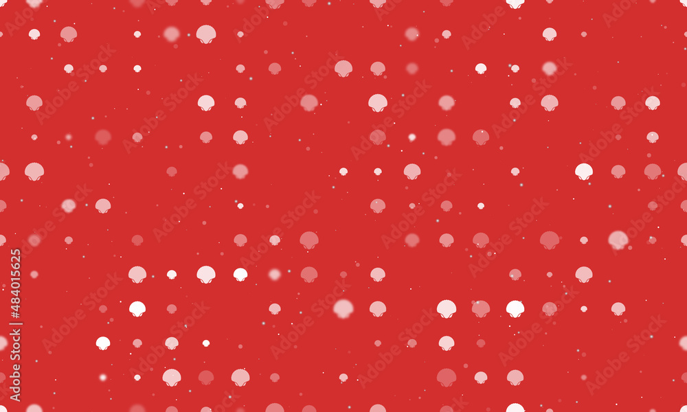 Poster seamless background pattern of evenly spaced white sea shell symbols of different sizes and opacity.