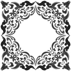 Black  frame stamp ornamental element on a white background, abstract symmetrical pattern,  hand-drawn on a graphics tablet, for creating patterns, packaging decor, printed materials, 