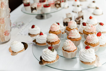 the wedding candy bar is filled with different desserts. wedding table at the banquet