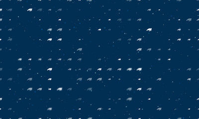 Seamless background pattern of evenly spaced white sea turtle symbols of different sizes and opacity. Vector illustration on dark blue background with stars