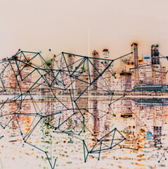 connection lines and skyscrapers in background global network concept