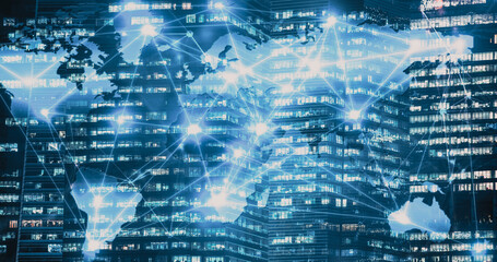 connection lines and skyscrapers in background global network concept