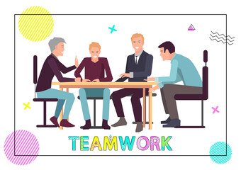 Business meeting concept with people communicating in conference room. Boss giving presentation for employees. Workers brainstorming, meeting and teambuilding. Colleagues discuss business development