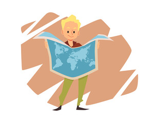 School boy holds geographical map, concept of education - flat vector illustration isolated on white background.