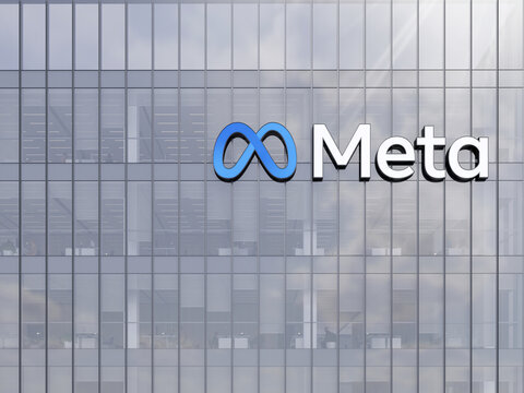 Menlo Park, California, USA. January 9, 2022. Editorial Use Only, 3D CGI. Meta Signage Logo on Top of Glass Building. Metaverse Workplace Technology Service Company High-rise Office Headquarters.