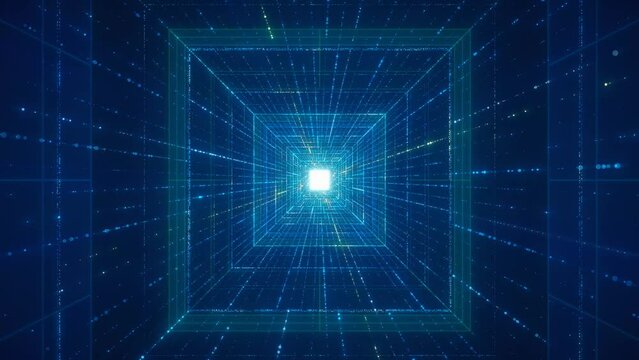 
Flying into blue digital technologic metaverse blue points tunnel. 3d render Big Data artificial intelligence cyberspace with futuristic matrix. Binary code lines hologram network. Server and interne