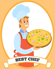 Best chef logo Man holds ready-made meal. Restaurant service, breakfast or dinner dish. Italian restaurant, pizzeria. Chef standing with hot pizza with toppings, dish of italian cuisine in cafe