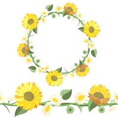 Detailed contour wreath with yellow sunflowers with green leaves isolated on white. Round frame for your design, greeting cards, wedding announcements, posters. Seamless pattern brush.