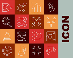 Set line Delivery tracking, Graph, chart, diagram, Arrow, Pie infographic, Infographic element, Unknown search, and Many ways directional arrow icon. Vector