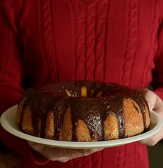 man in a red sweater holding a plate with a cake