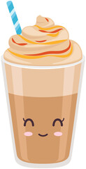 Cute coffee latte with froth and syrup sticker kawaii icon vector design. Adorable hot drink in glass with positive emotion, japanese, oriental culture symbol anime, innocence and childishness