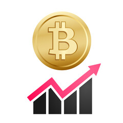 Bitcoin growth concept. Stacks of gold coins and income graph with bitcoin.Bitcoin revenue. Gold Bitcoin BTC is climbing to the next peak. Cryptocurrency has new high record all time high. BTC coin