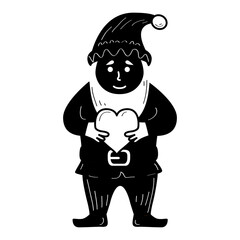 Valentine gnome silhouette holding heart.Hand drawn gnome for valentine s day.Vector greeting clipart for card, poster.Isolated on a blue background.