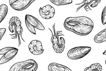 Seamless pattern of seafood, salmon steak, shrimps and mussels, monochrome vector illustration