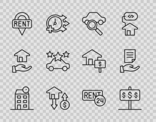 Set line House, with dollar, Car sharing, Location key, Rent and contract icon. Vector