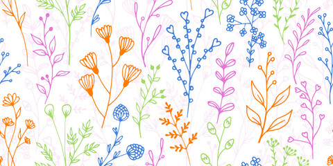 Field flower sprigs natural vector seamless pattern. Cute floral fabric print. Greenery plants leaves and buds illustration. Field flower twigs girly fashion endless ornament