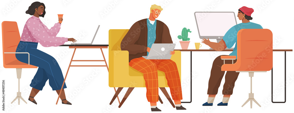 Poster concept of coworking center. business meeting. shared working environment. people talking and workin
