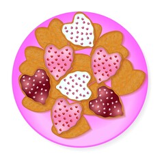 Valentine's Day. Biscuits in the form of the heart with colorful glaze on a plate. Vector illustration isolated on white background for banners, posters, flyers, greeting cards, social media