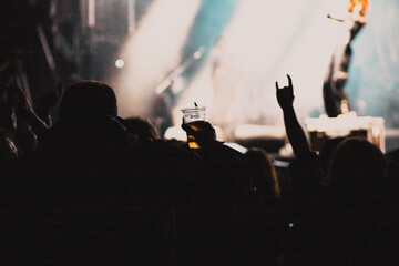 crowd at concert and silhouettes in stage lights