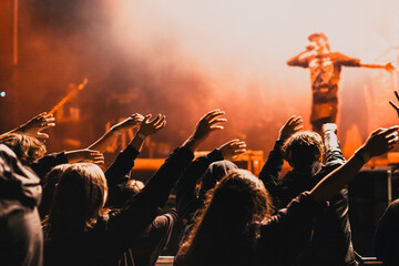 crowd at concert and silhouettes in stage lights