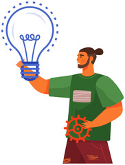 Man creates new business idea, develops mental mindset. Male character with gear in hand near huge light bulb. Creation of optimal solution, development of creative thinking, strategy planning concept