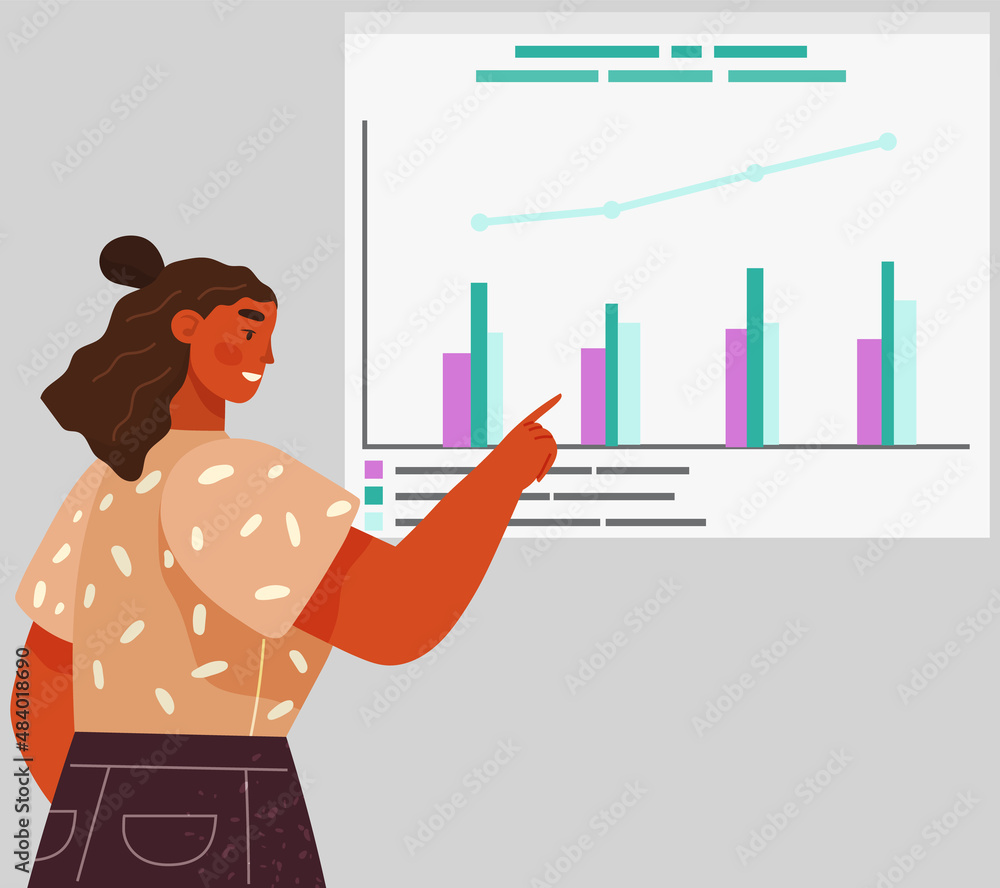 Aufkleber woman points to flipchart with diagram. presentation board with statistical data. business report sh