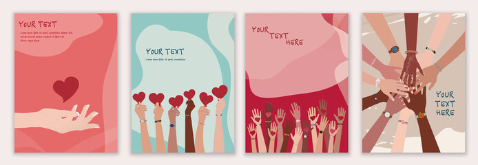 Flyer brochure with volunteer group of people - editable poster template. Raised arms of people holding a heart in their hand. Hands in a circle on top of each other. Donation and charity