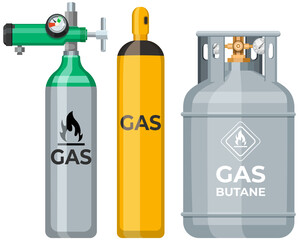 High cylinder, canister with fuel, storage for gas. Metal tank with liquefied compressed petroleum, propane. Pressurized gas cylinder, storage with tap for substance release vector illustration