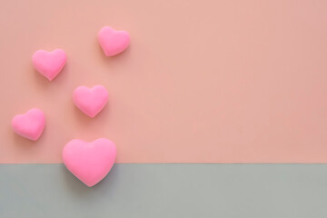 3d pink hearts border frame background. Concept of love, romantic relationship, heart shape symbol, flat lay layout with copy space. Celebration of  wedding, Valentines Day, mothers day.