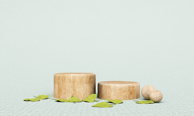 Wooden podium with leaves for product demonstration on the background of natural fabric. 3D rendering