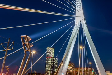 Rotterdam skyline illuminated on the Erasmus Bridge - obrazy, fototapety, plakaty