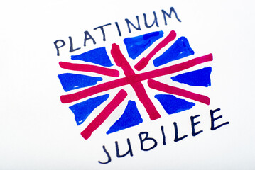 Queen jubilee british. Platinum Jubilee of Queen Elizabeth II. Drawn UK flag and inscription. - obrazy, fototapety, plakaty