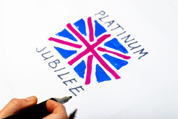 Queen jubilee british. Platinum Jubilee of Queen Elizabeth II. Drawn UK flag and inscription.