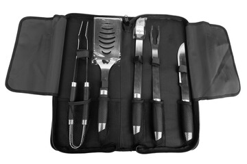 Set of tools for bbq in black bag.