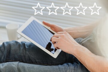 Satisfaction Survey Concept hands of business people, customer service, 5-star business rating experience on your smartphone.