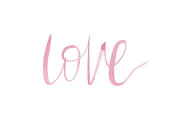 Obraz premium Watercolor illustration of Love text for boys, girls clothes. Romantic badge, tag, icon. Inspirational quote card, invitation, banner.