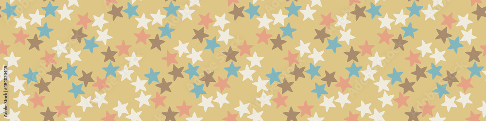 Sticker Gender neutral sleepy star and moon seamless vector background. Simple whimsical romantic 2 tone pattern banner. Kids nursery wallpaper or scandi band.