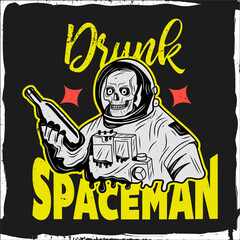 Drunk spaceman with a skull, t-shirt design