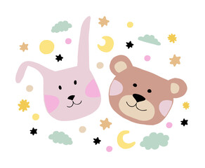 Cute animal faces. Vector illustration of a bear and a rabbit on the background of the moon, stars and clouds.