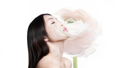 Naklejka premium Double exposure made with a young Asian woman with healthy skin and a spring ranunculus flower. On an isolated white background with space to copy. High quality photo