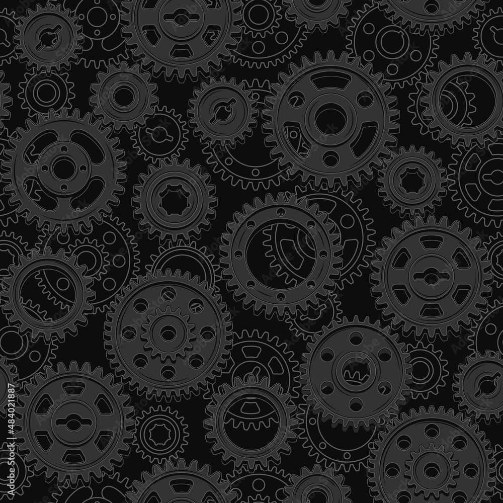 Aufkleber seamless pattern with black machine gears and linear gears behind. low contrast background. steampun