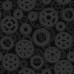 Seamless pattern with black machine gears and linear gears behind. Low contrast background. Steampunk style