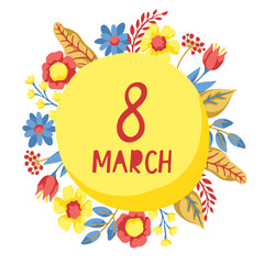 Greeting card for International Womens Day celebration. 8th March background with spring flowers. Beautiful decorative natural plants and leaves.