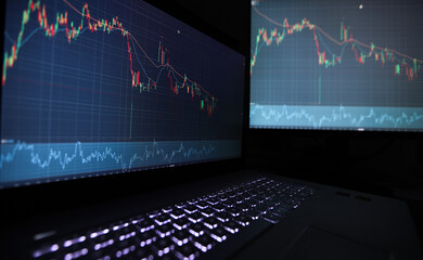 Laptop screen with stock market charts. Technical analysis and fundamental indicators of stock quotes in the trading terminal. Japanese candlesticks and company tickers.